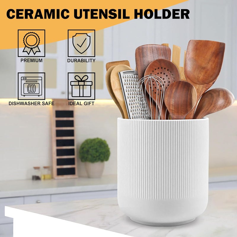 RedCall Kitchen Utensils Holder Large,Ceramic Utensil Organizer for Countertop,Morden Utensil Crock for Spoon Spatula,Home Kitchen Decor (White) - Image 2